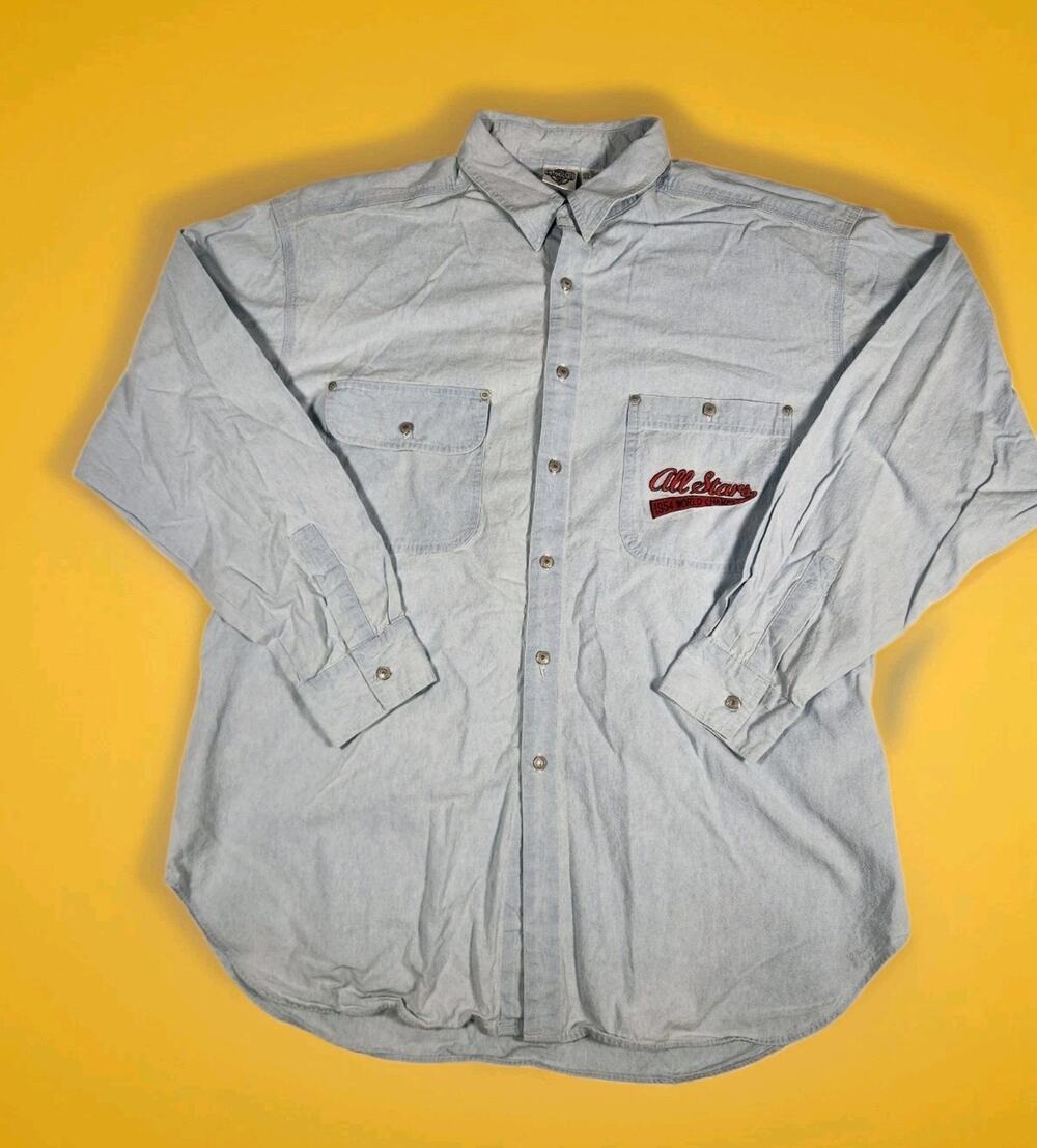 Vintage 90s Acme Looney Tunes Denim Shirt All Stars Baseball Embroidered XL USA